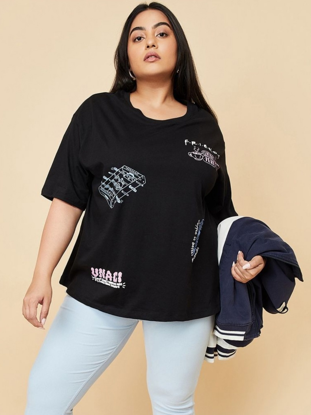 max Women Plus Size Graphic Printed Round Neck Cotton T-shirt, Black