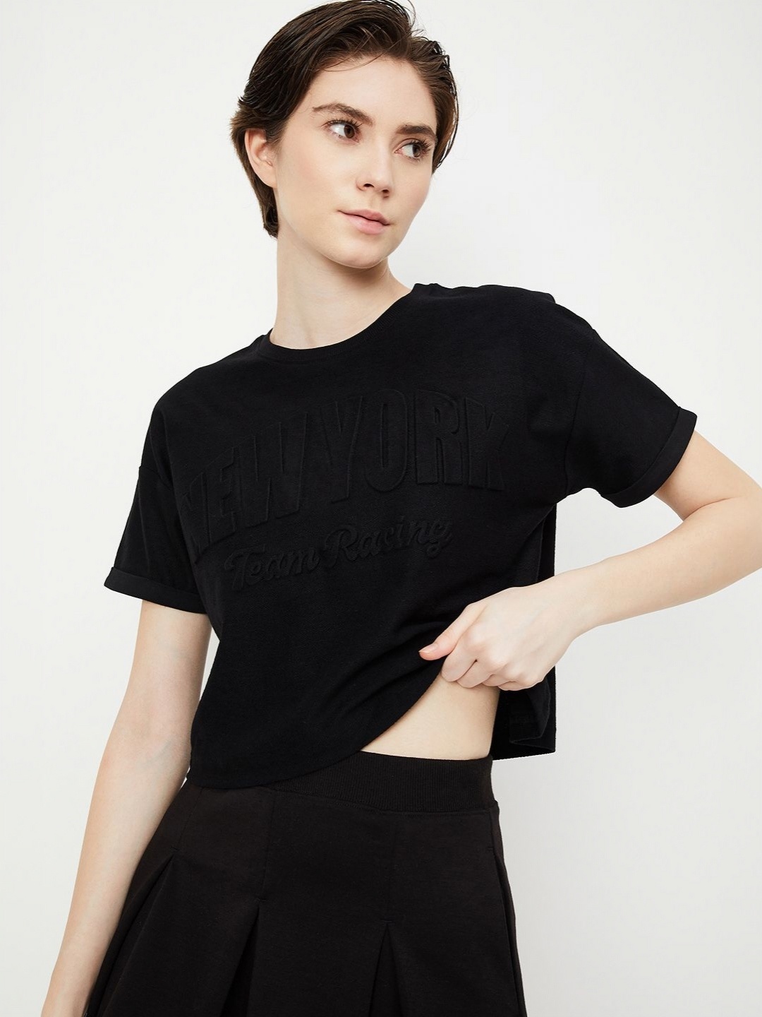 

max Women Typography Self Design Round Neck Cotton T-shirt, Black