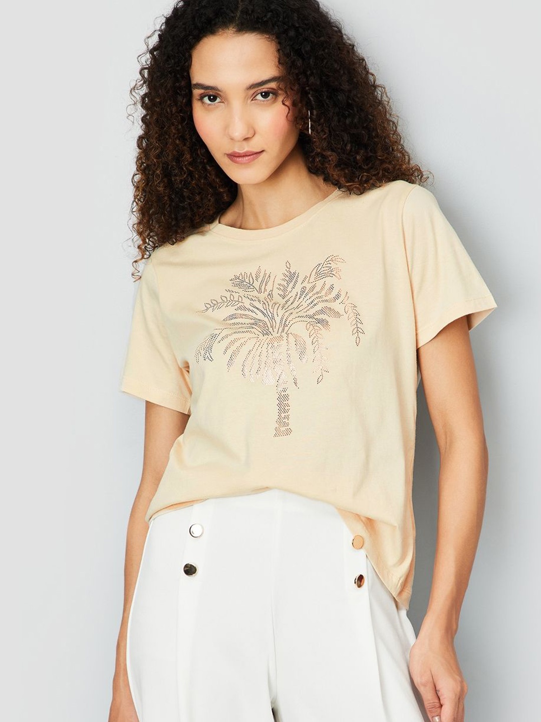 

max Women Floral Printed Round Neck Cotton T-shirt, Beige