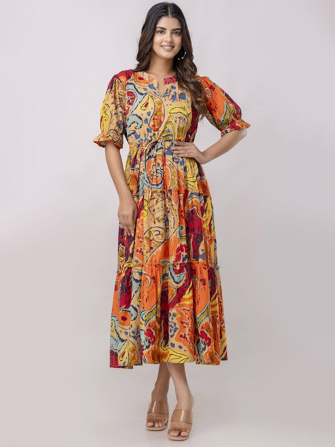 

KALINI Plus Size Printed Tiered Cotton Fit & Flare Midi Dress, Orange