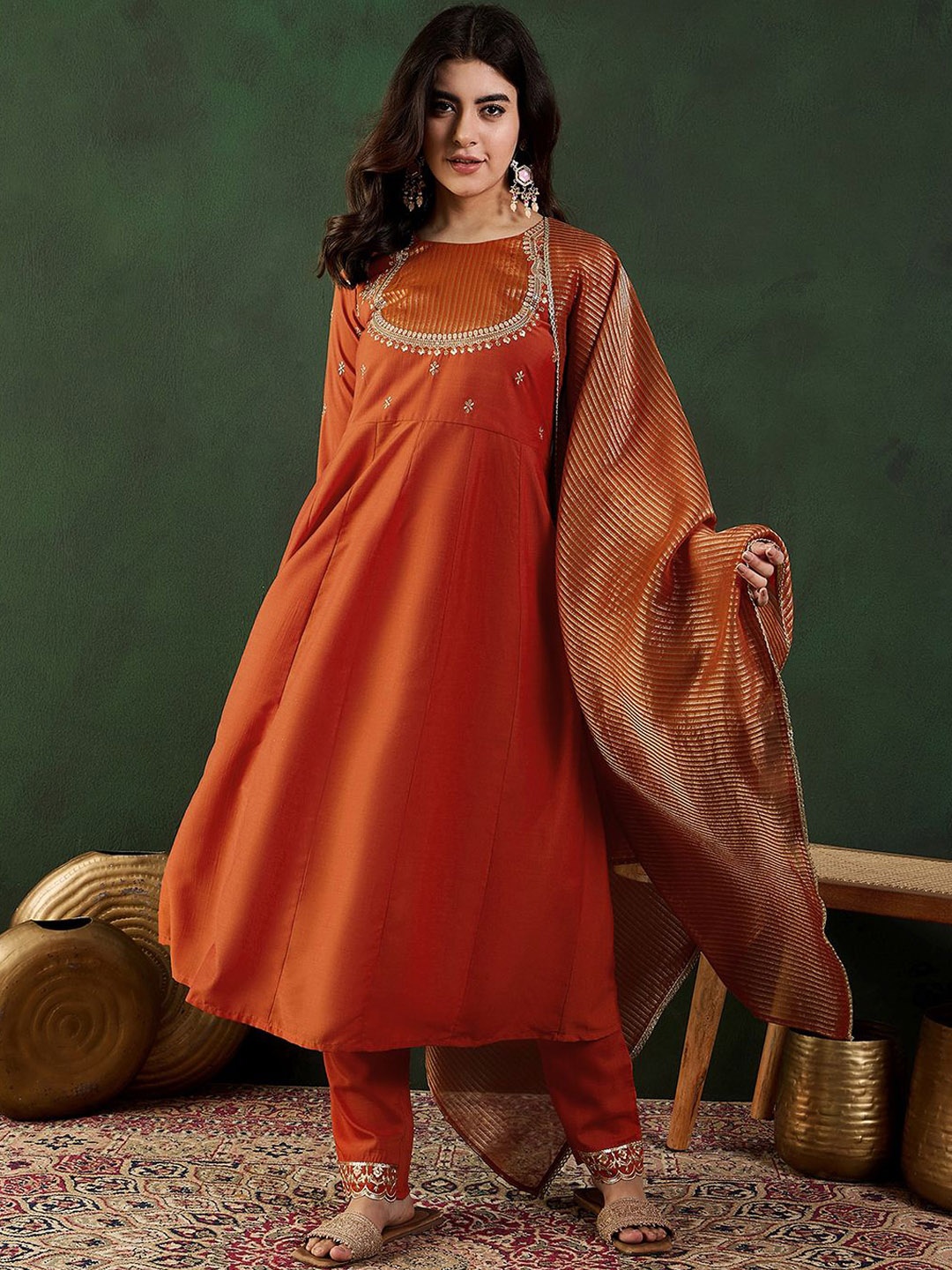 

Sangria Orange Floral Embroidered Regular Anarkali Kurta With Trouser With Dupatta
