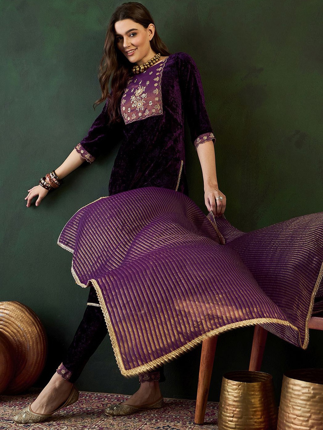 

Sangria Purple Floral Embroidered Velvet Straight Kurta With Trouser With Dupatta