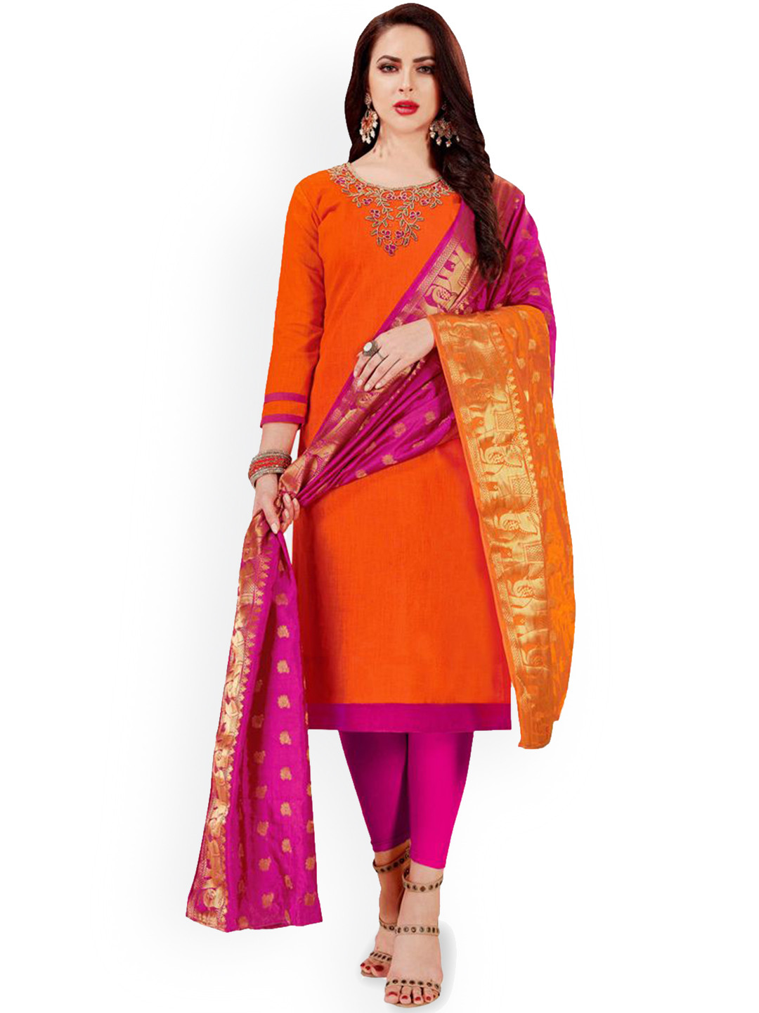 

Maroosh Floral Embroidered Unstitched Dress Material, Orange