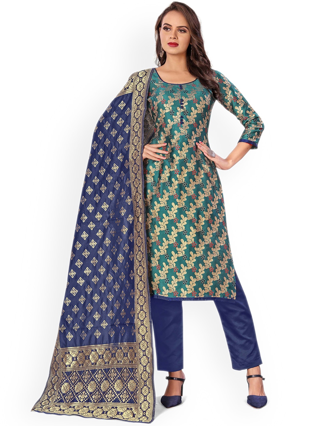 

Maroosh Floral Woven Design Zari Banarasi Jacquard Unstitched Dress Material, Green