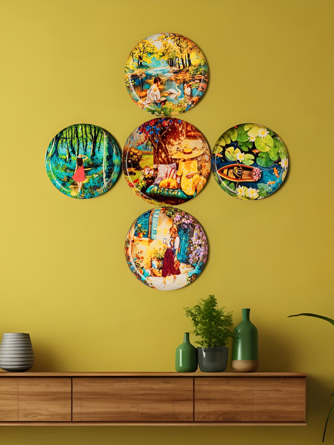 Homspurts Yellow & Green 5 Pieces Floral Printed Wall Decors