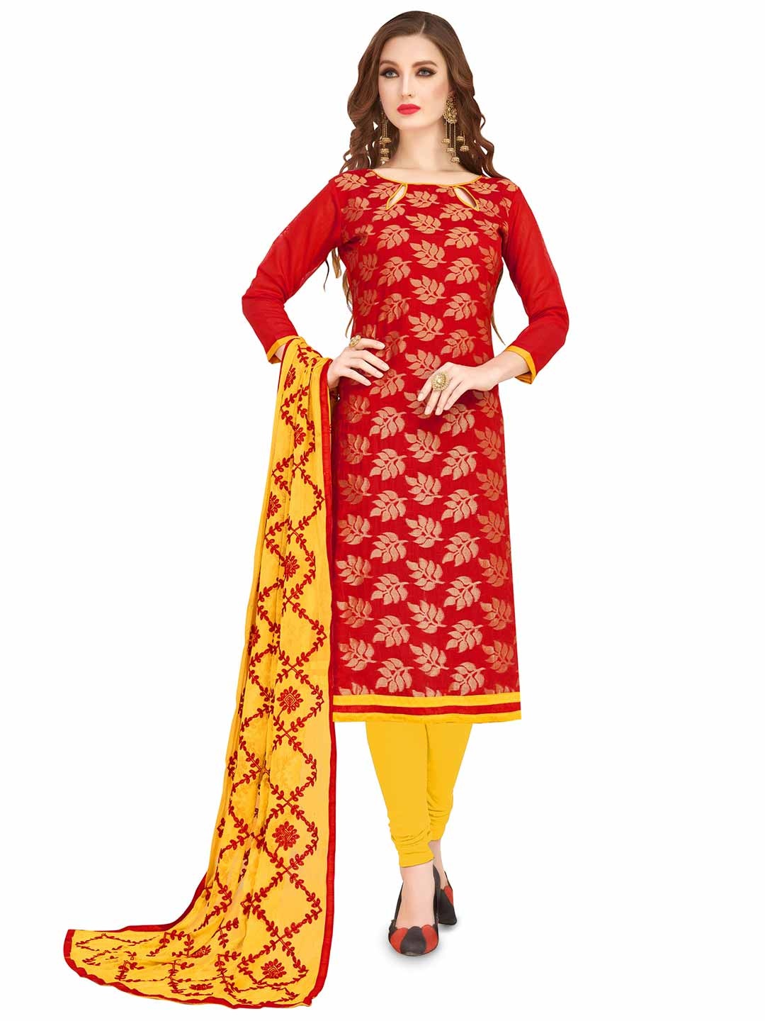 

Maroosh Floral woven Banarasi Jacquard Unstitched Dress Material, Red