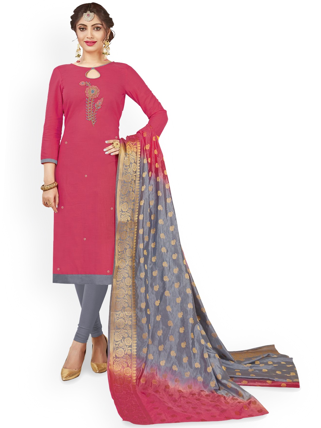 

Maroosh Floral Embroidered Unstitched Dress Material, Pink