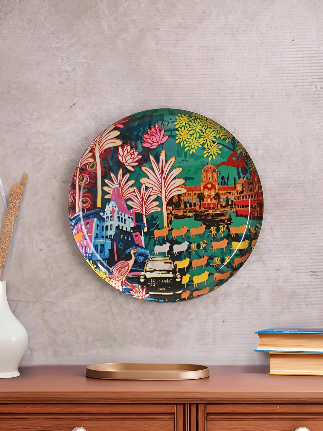 

Homspurts Green & Red City Life Printed Metal Wall Plate