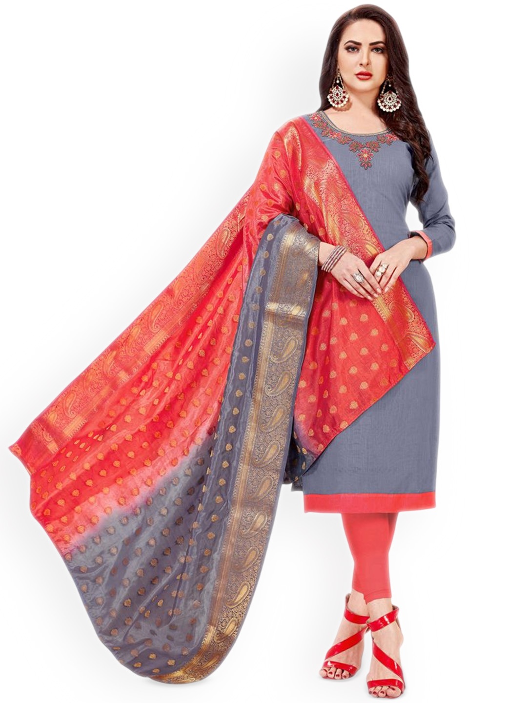 

Maroosh Floral Embroidered Unstitched Dress Material, Grey