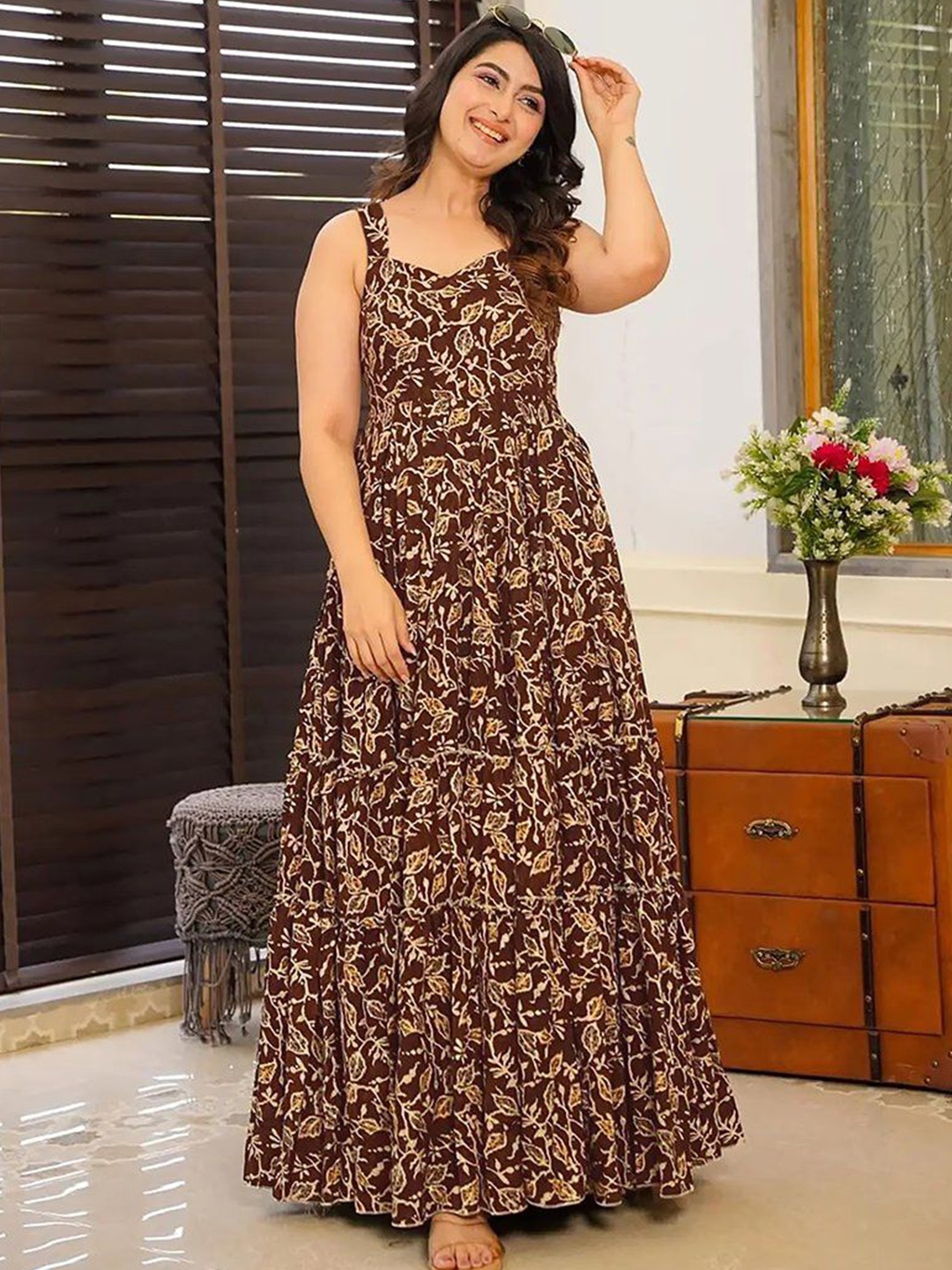 

WHATNOT STYLE Women Printed Ruffled Formal Maxi Dress, Brown