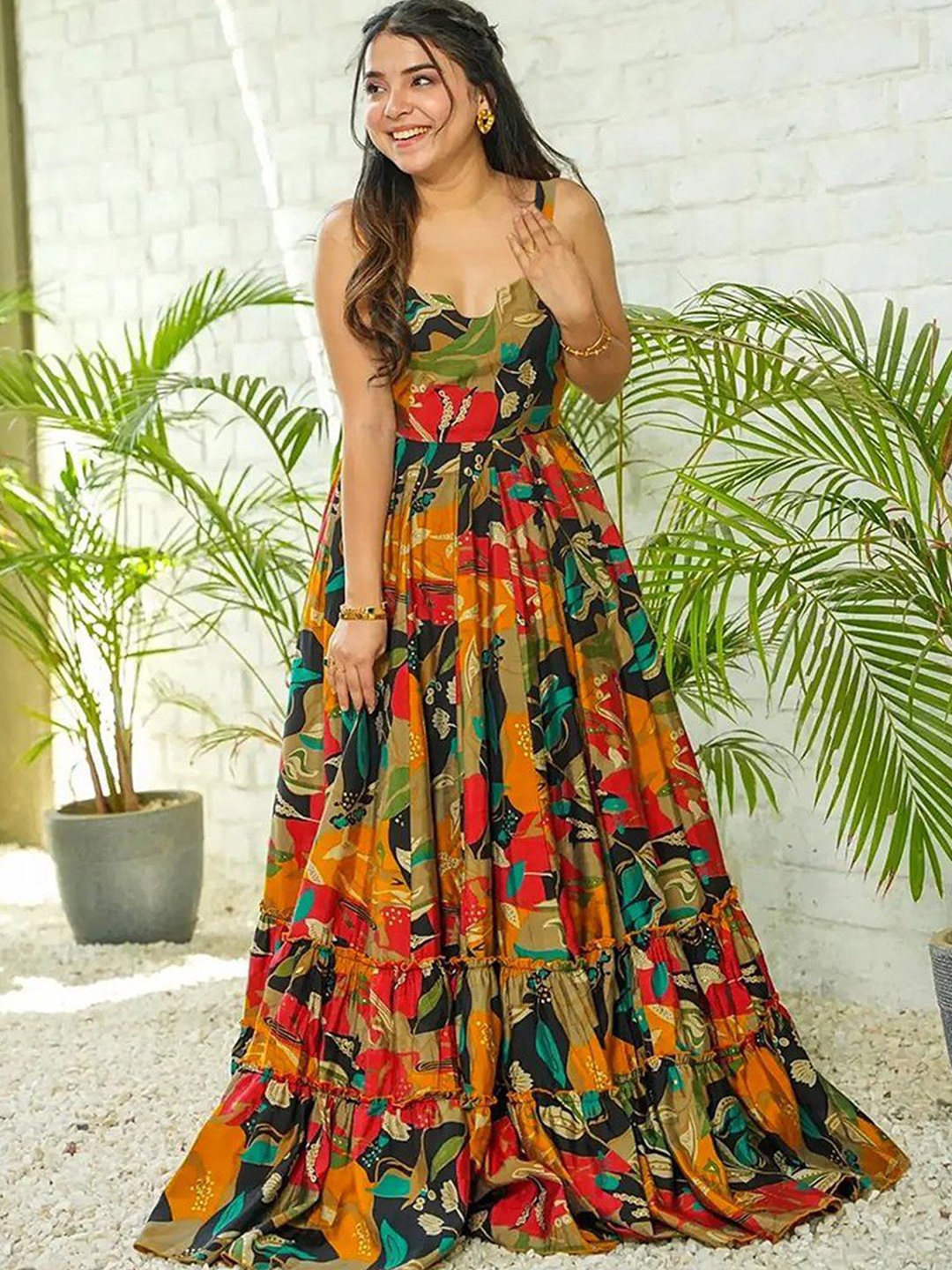 

WHATNOT STYLE Women Ethnic Printed Ruffled Gown Maxi Dress, Green