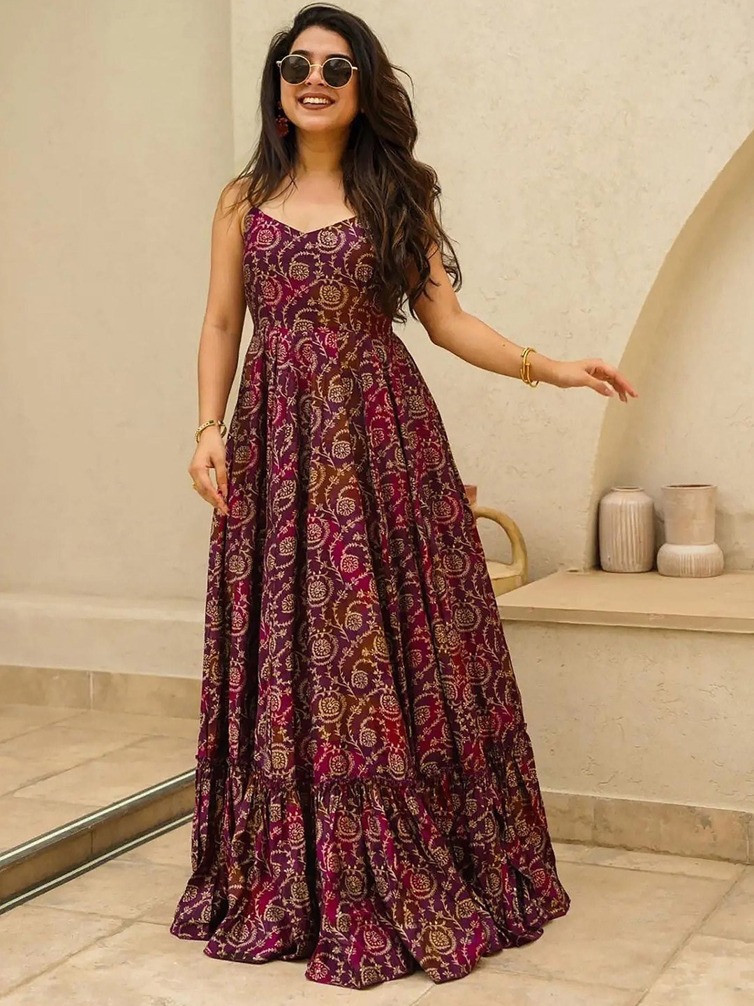 

WHATNOT STYLE Women Ethnic Printed Gown Maxi Dress, Purple