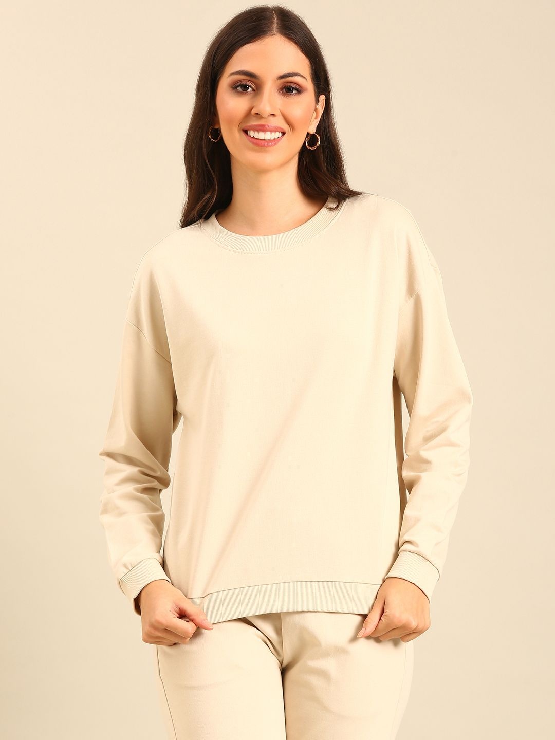 

De Moza Women Round Neck Cotton Sweatshirt, Cream