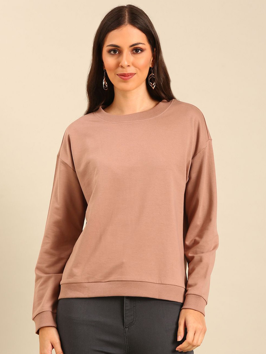 

De Moza Women Round Neck Long Sleeves Sweatshirt, Tan