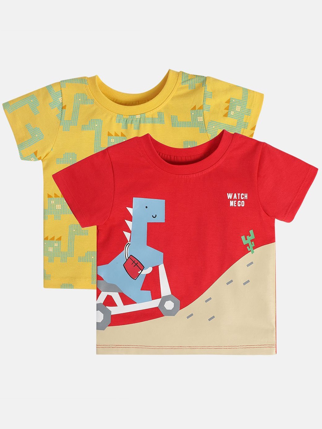 

MINI KLUB Boys Pack Of 2 Animal Printed Round Neck Cotton T-shirts, Red