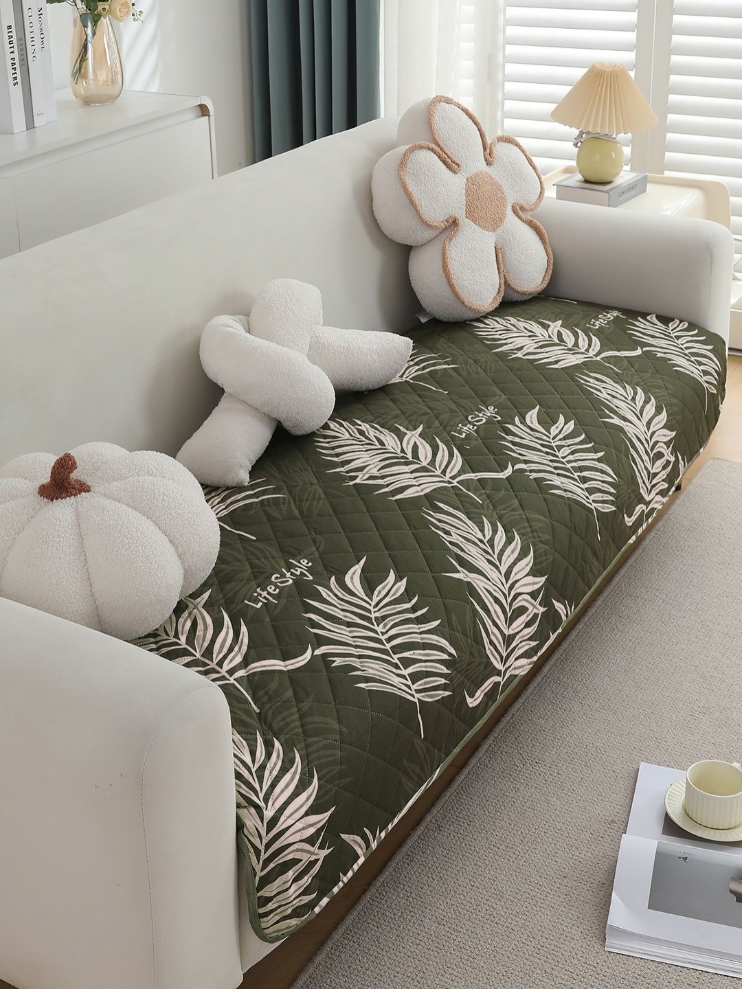 

HOKIPO Green & White Printed Waterproof Quilted 160 cm Sofa Seat Mat