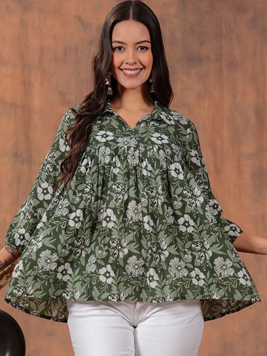 

HIBIKI Women Floral Printed Pure Cotton A-Line Top, Green
