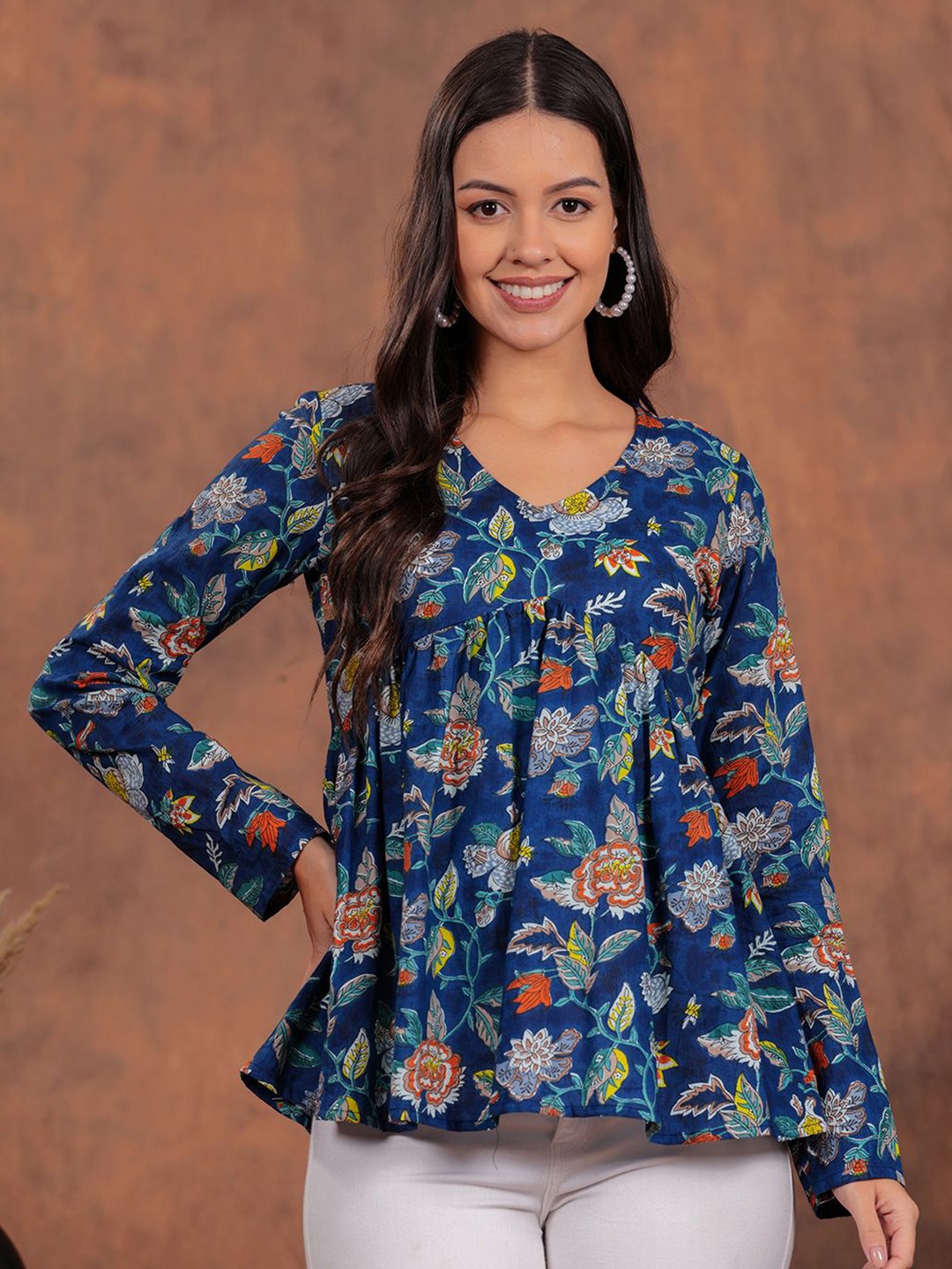 

HIBIKI Floral Printed Peplum Pure Cotton Top, Blue