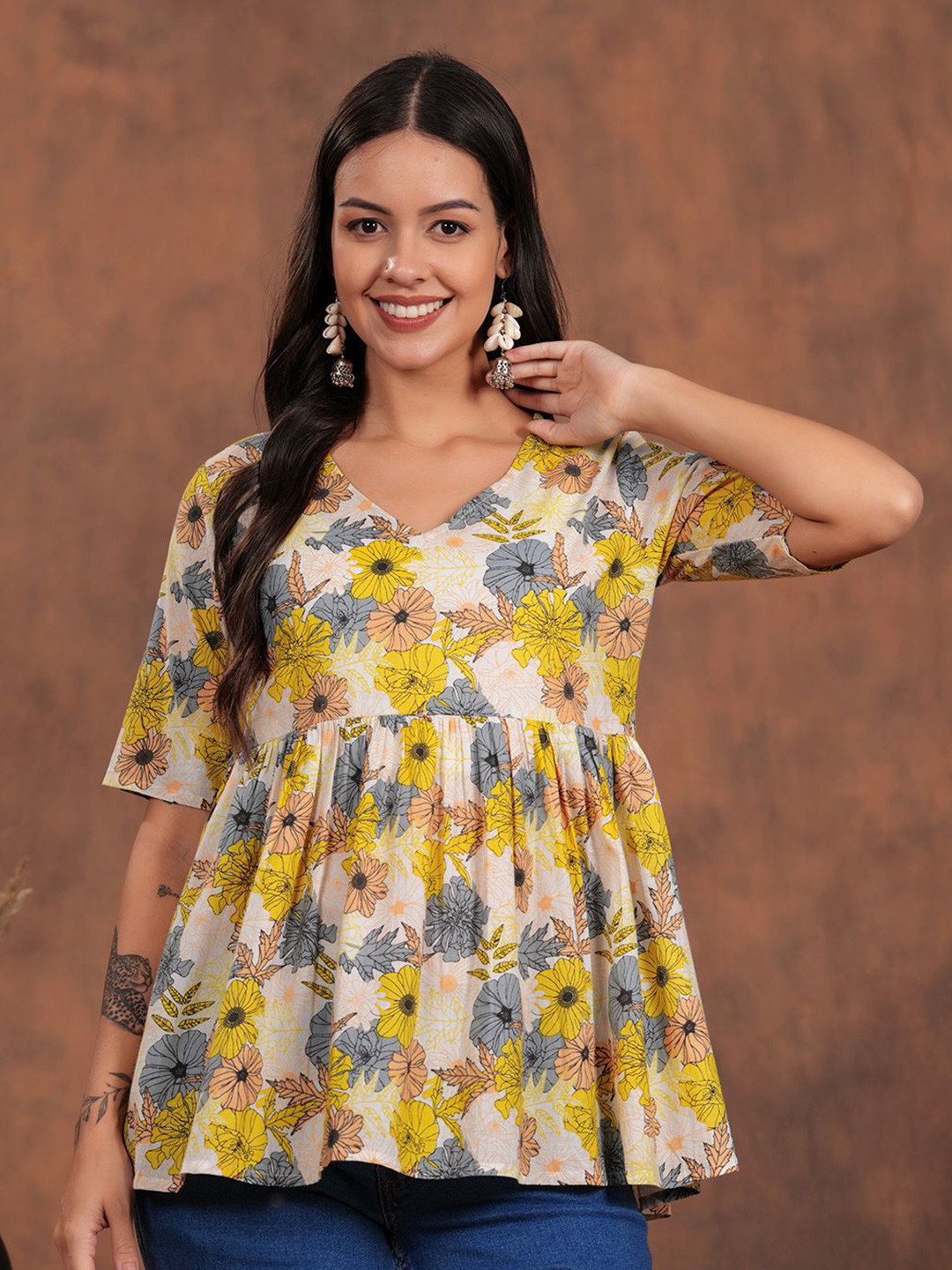 

HIBIKI Floral Printed Peplum Pure Cotton Top, Off white