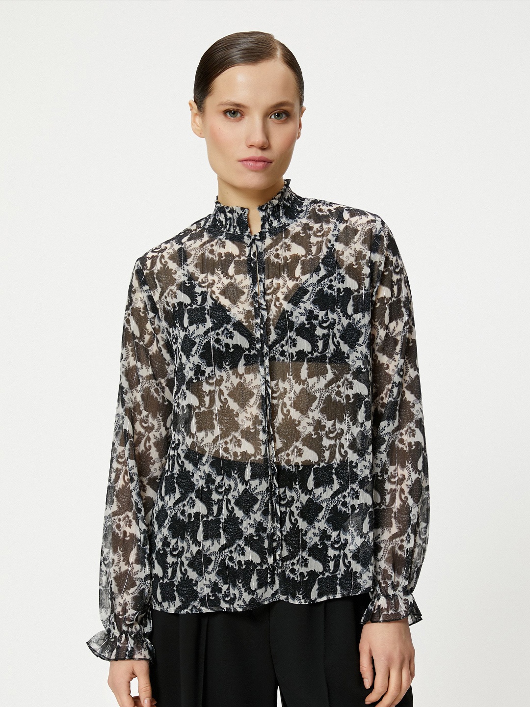 

Koton Women Animal Print Mandarin Collar Shirt Style Top, Black