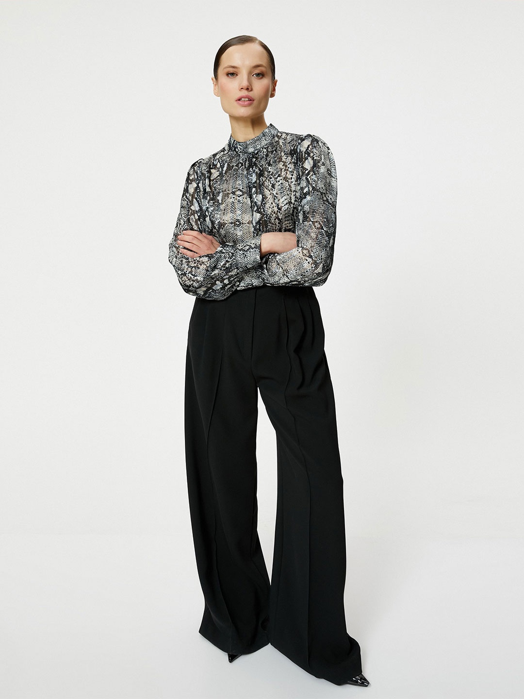 

Koton Women Animal Printed Mandarin Collar Top, Black