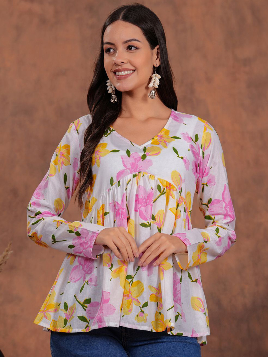 

HIBIKI Floral Printed Pure Cotton Empire Top, White