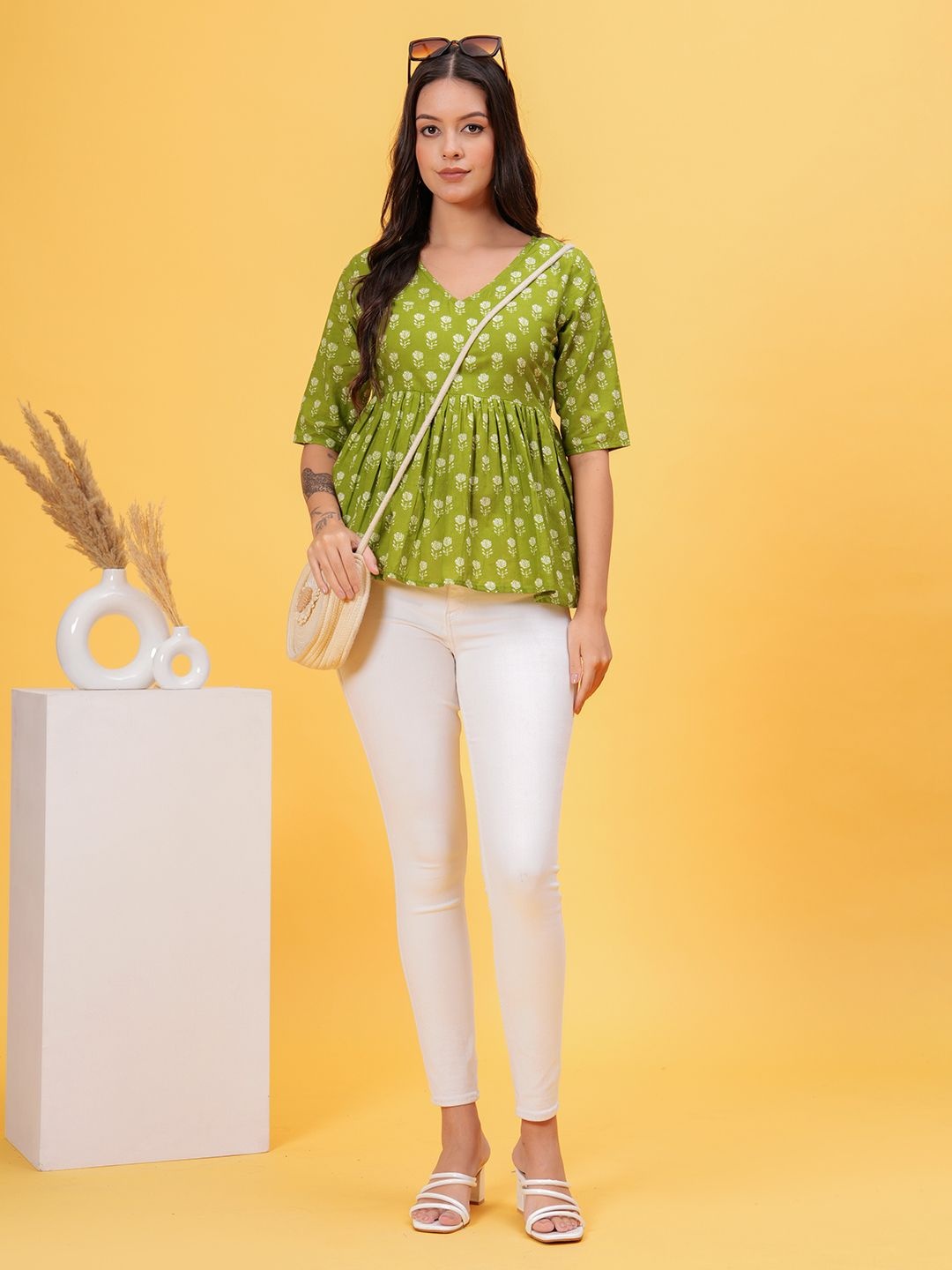 

HIBIKI Women Print Cotton Peplum Top, Green