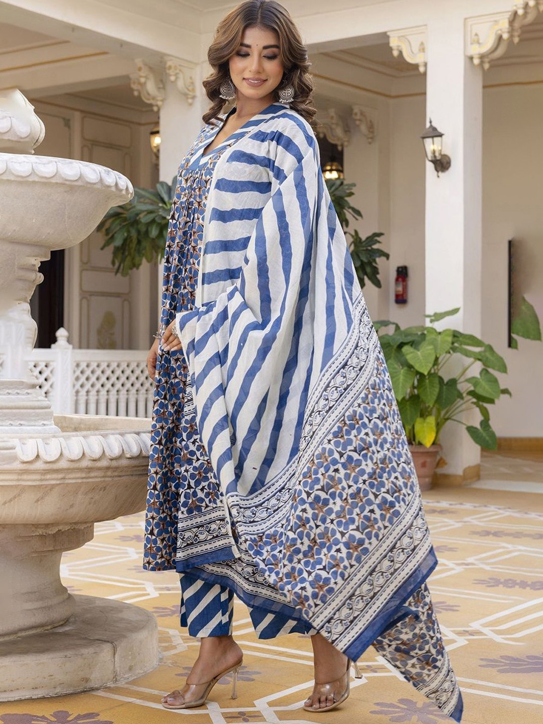 

Anouk Blue Floral Printed Pure Cotton Anarkali Kurta With Palazzos & Dupatta