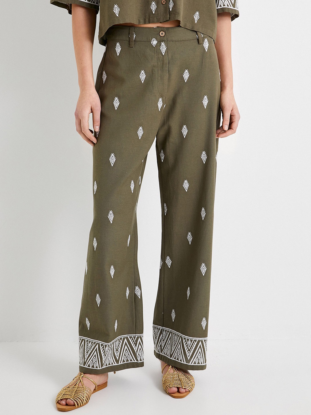 

Koton Women Embroidered Parallel Trousers, Khaki