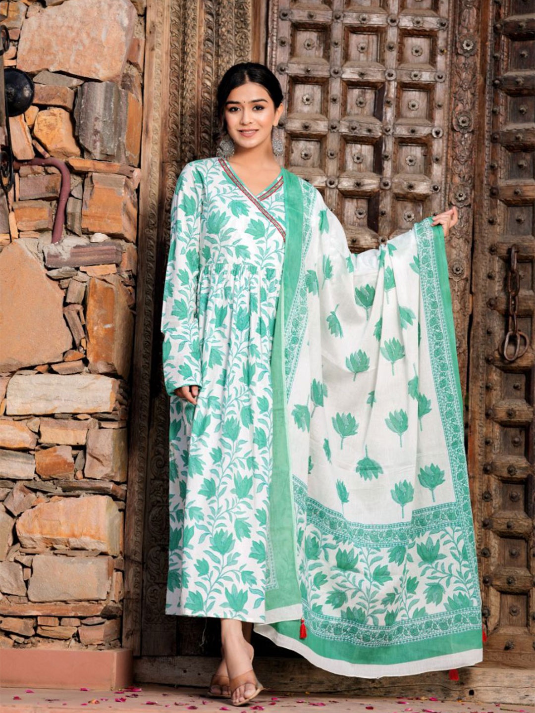 

KALINI Women Floral Printed Wrap Dress With Dupatta, Green