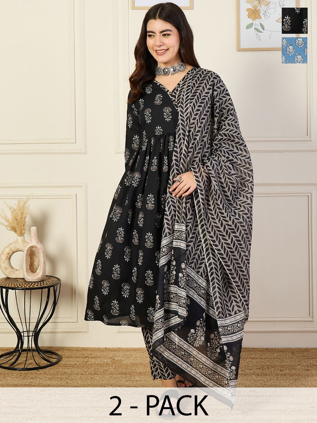 

KALINI Selection of 2 Printed Panelled Anarkali Kurta with Trousers & Dupatta, Blue