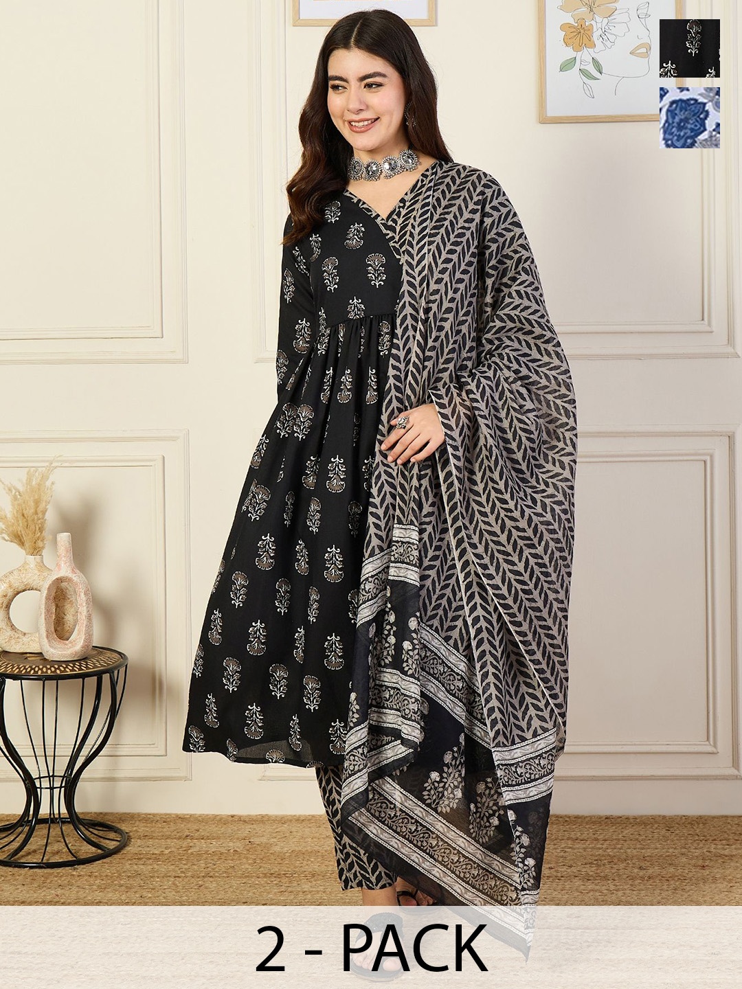 

KALINI Pack Of 2 Floral Printed V-Neck Anarkali Kurta With Trousers & Dupatta, Blue