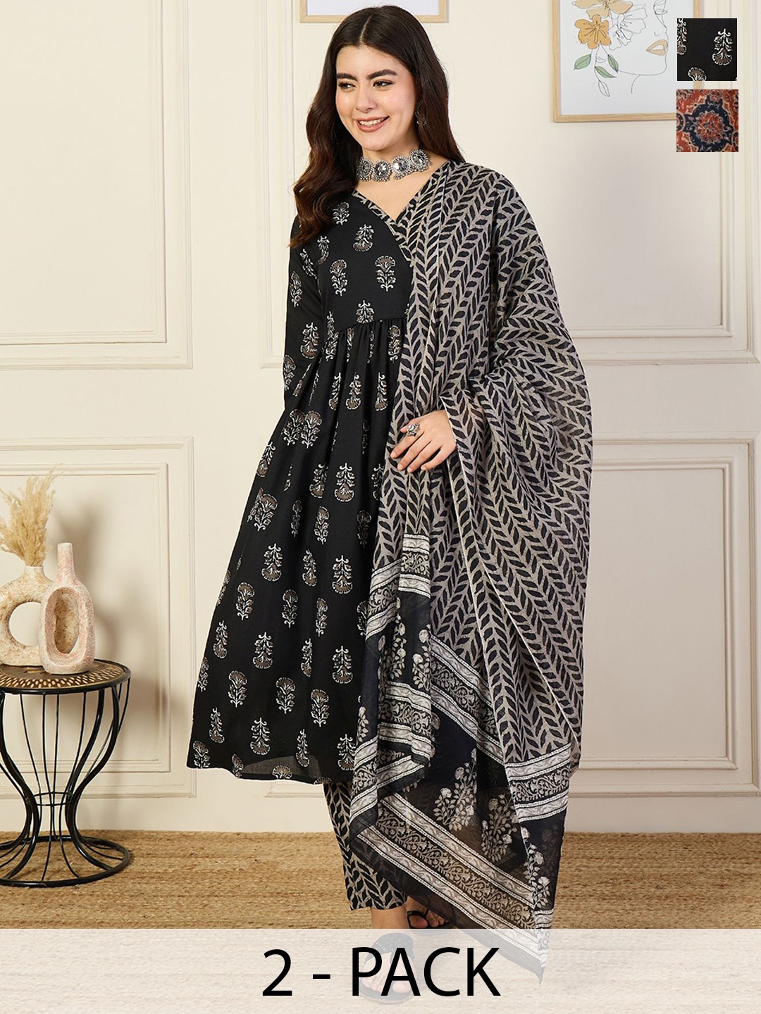 

KALINI Women Ethnic Motifs Printed Regular Kurta with Trousers & With Dupatta, Black