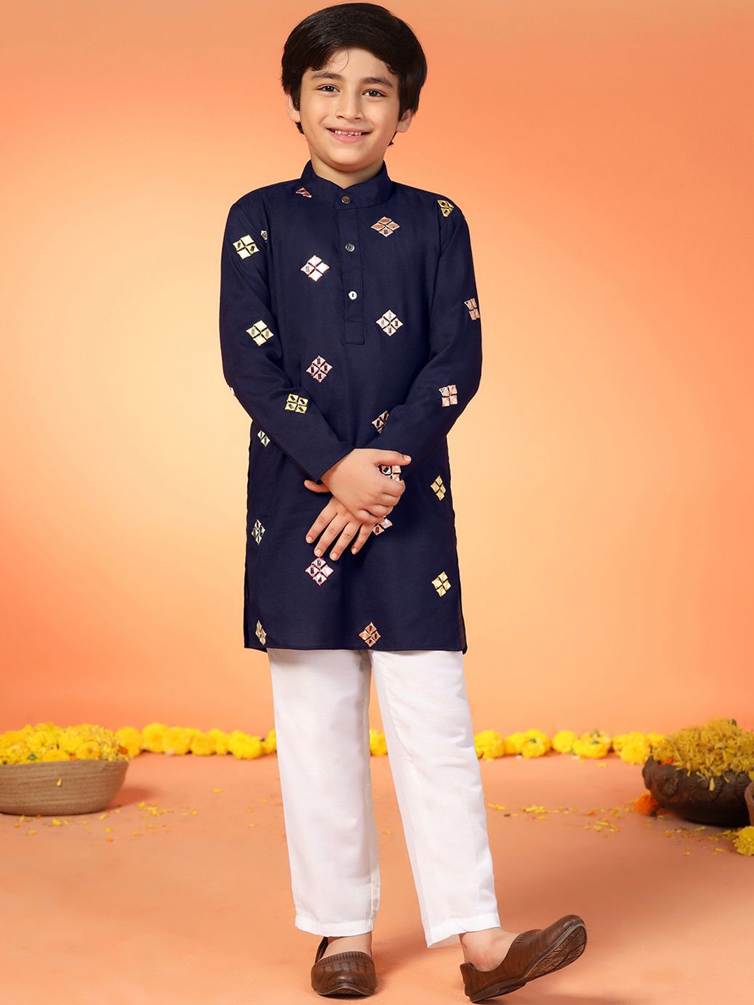 

FASHION DREAM Boys Geometric Embroidered Mirror Work Kurta with Pyjama, Blue