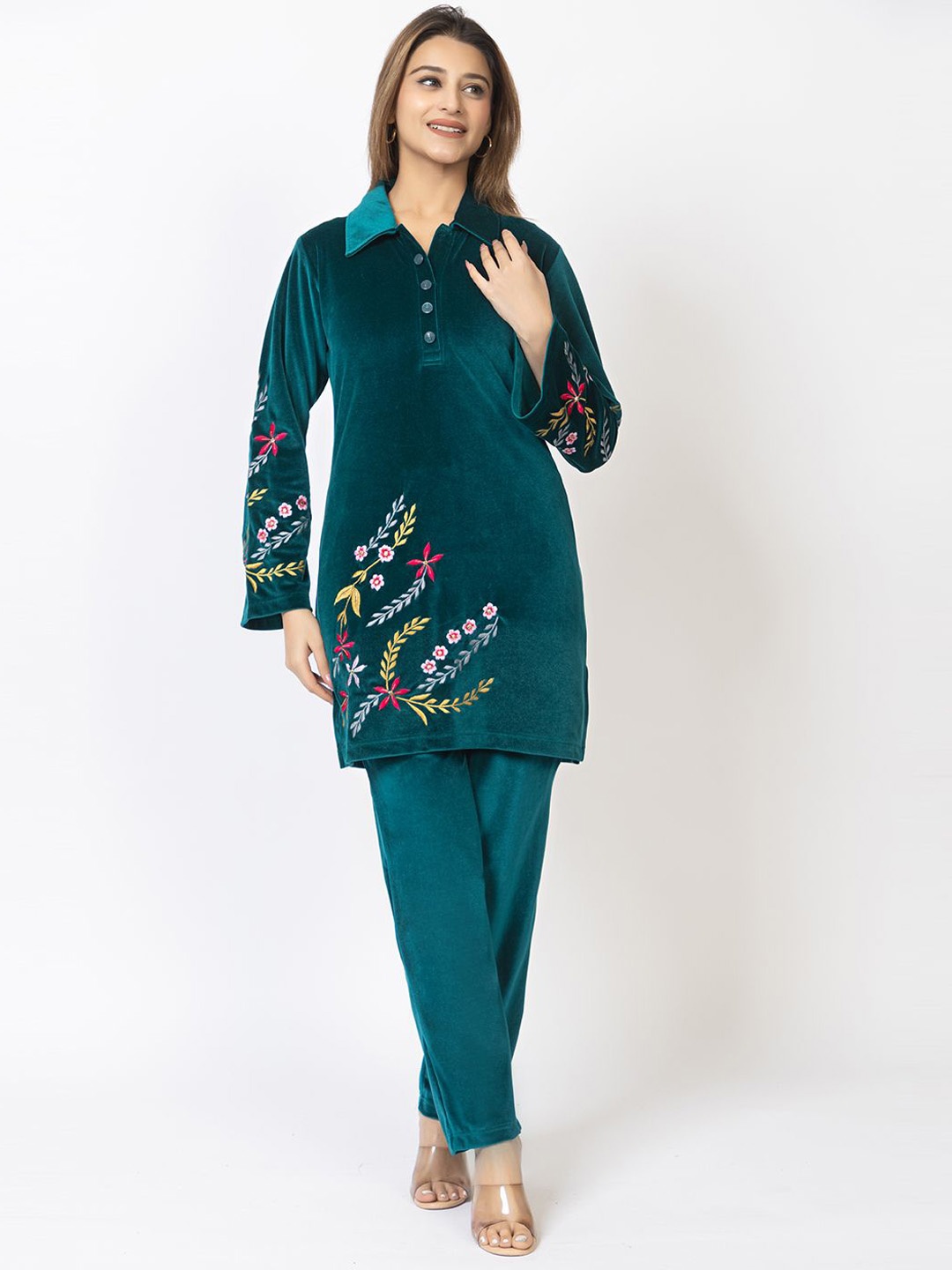 

TWENTY ME Floral Embroidered Tunic With Trouser, Green