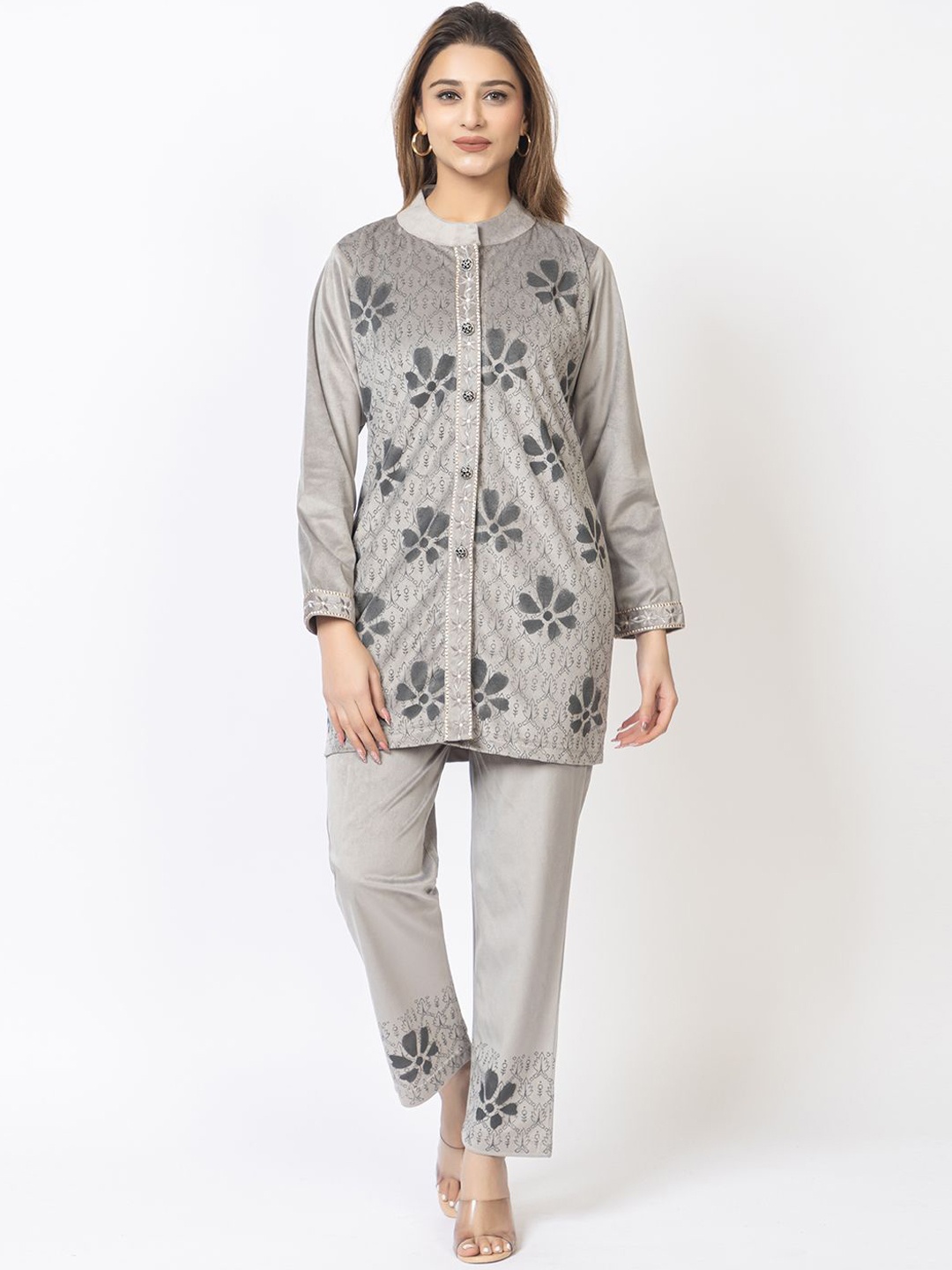 

TWENTY ME Floral Printed Velvet Tunic With Trouser, Grey