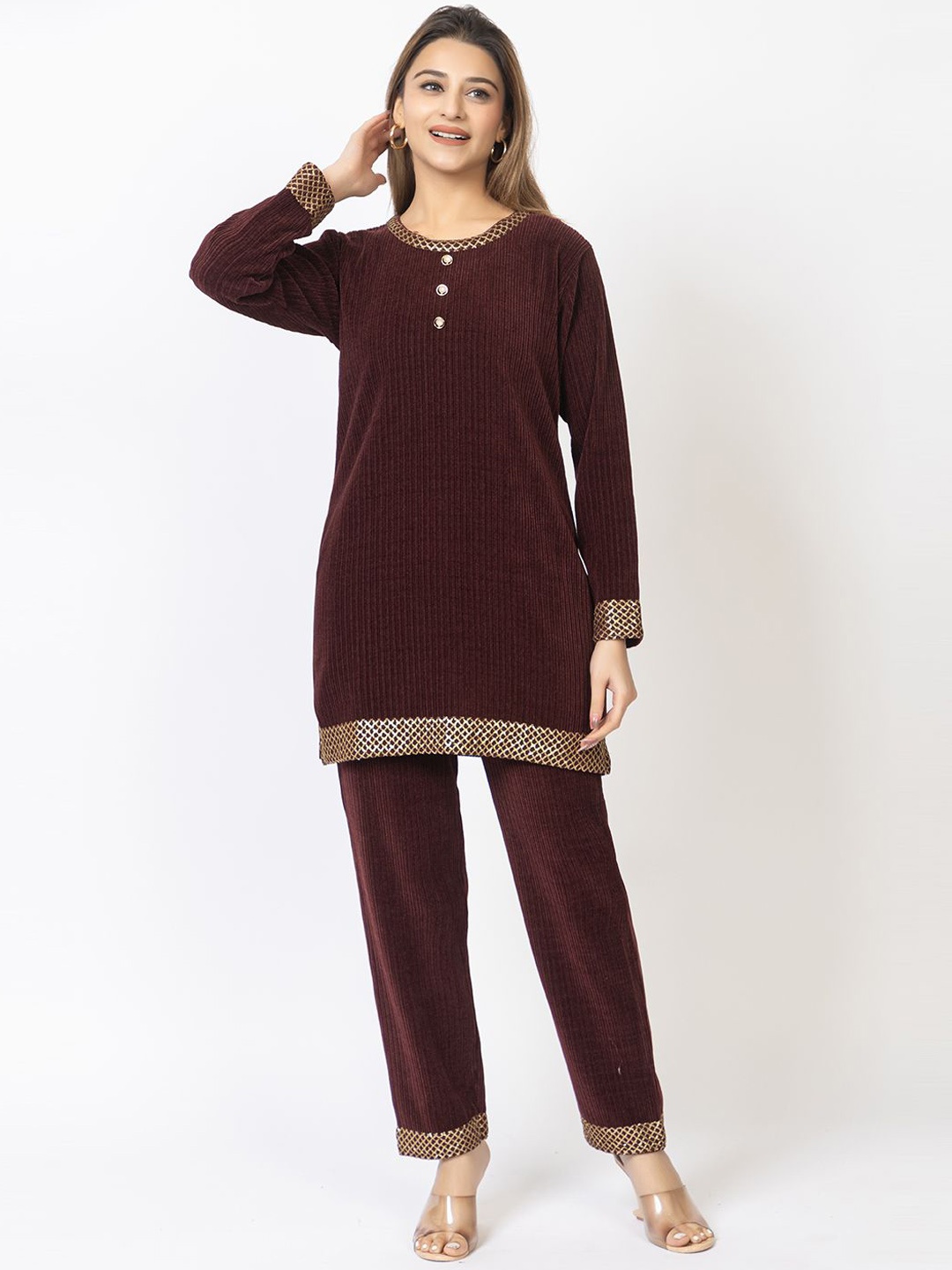 

TWENTY ME Self Design Long Sleeves Tunic With Trouser, Maroon