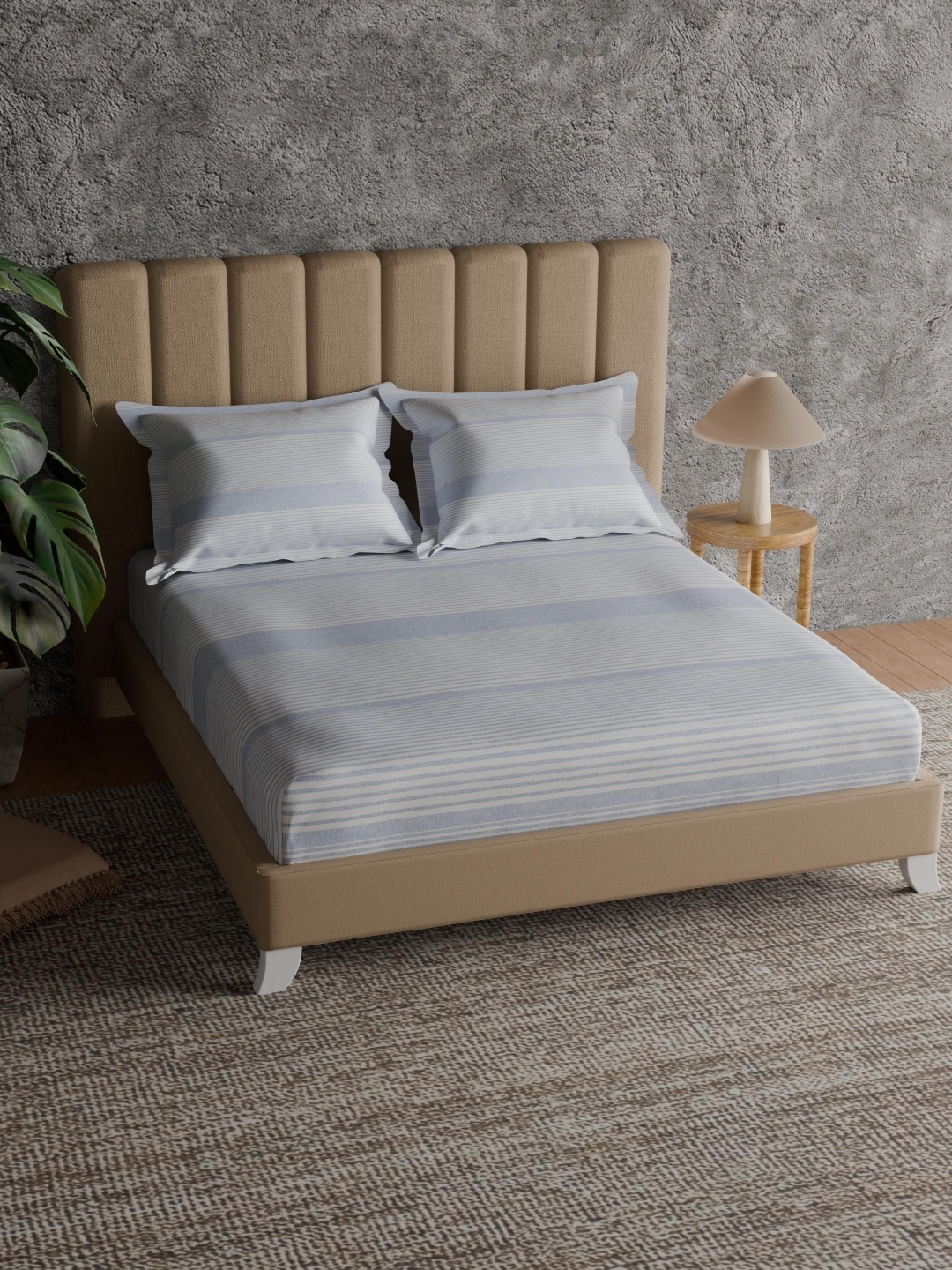 

Himeya Blue & Off White Striped 144 TC Pure Cotton King Bedsheet Set 2.24 m x 2.50 m
