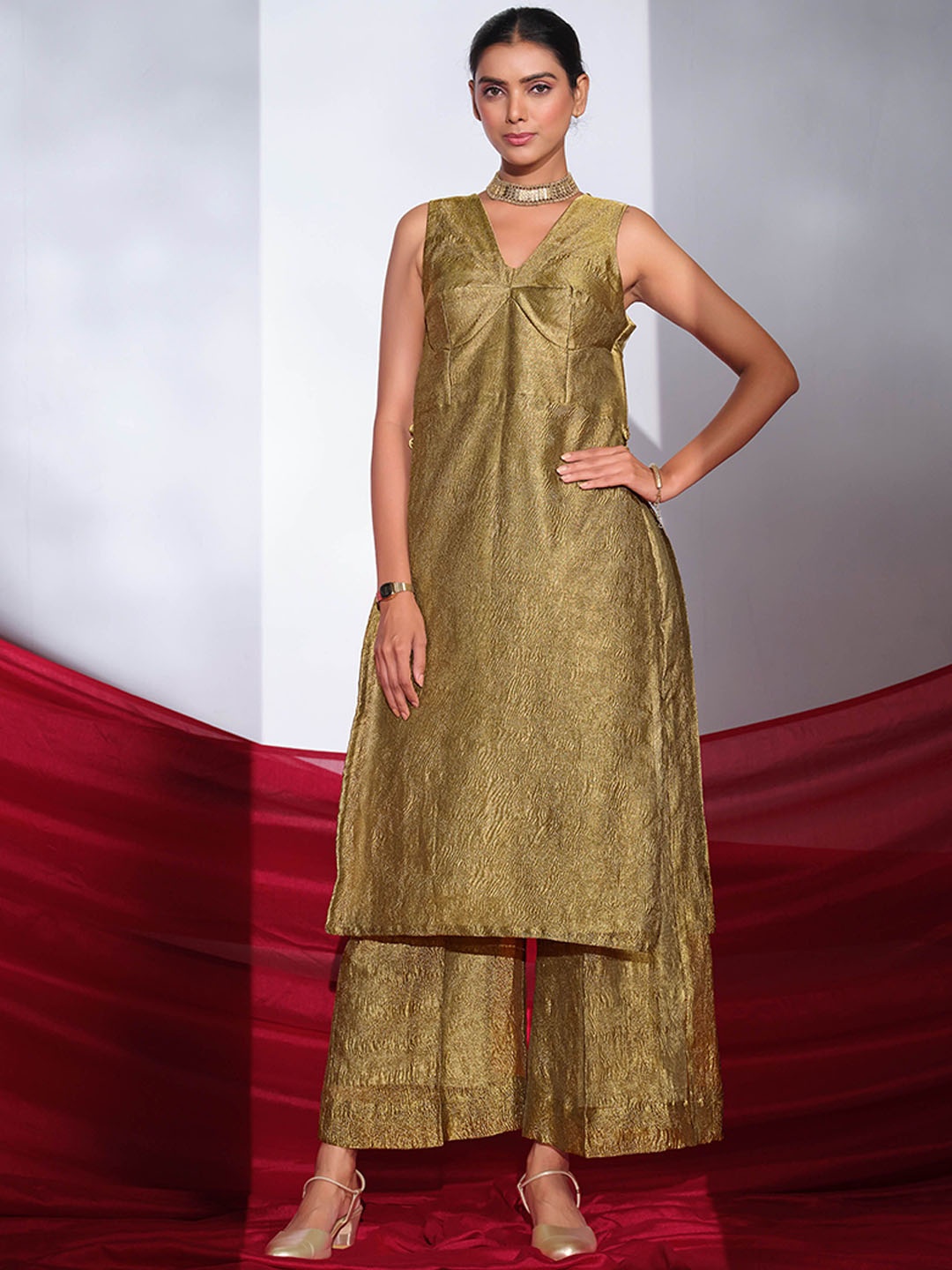 

Sangria Beige V-Neck Sleeveless Regular Straight Tissue Kurta With Palazzo