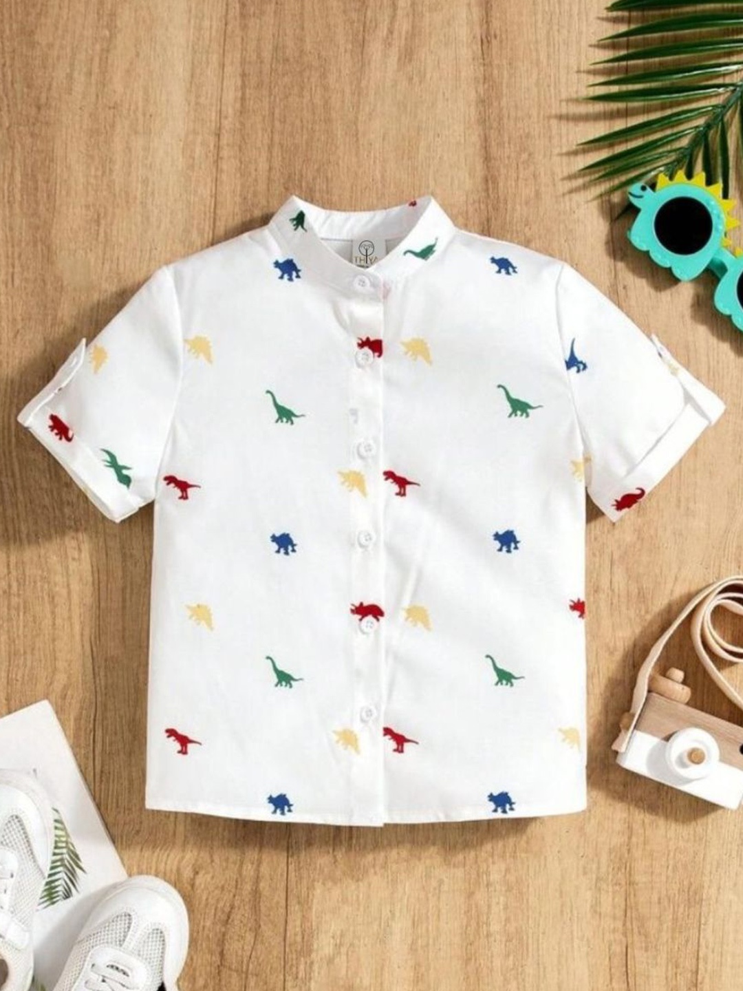 

Thiya Boys Mandarin Collar Conversational Printed Cotton Relaxed Fit Casual Shirt, White