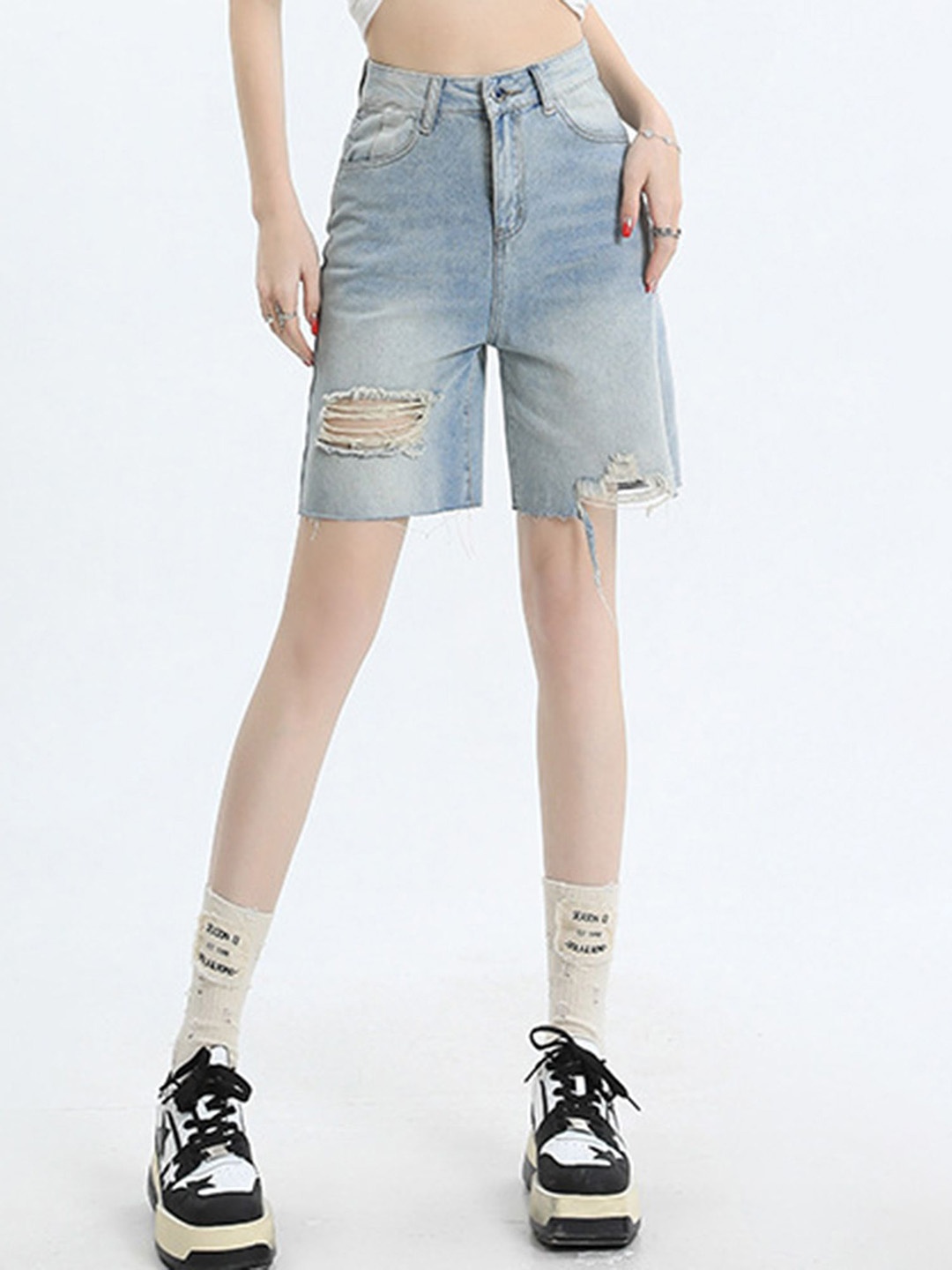 

LULU & SKY Women Washed High-Rise Denim Shorts, Blue