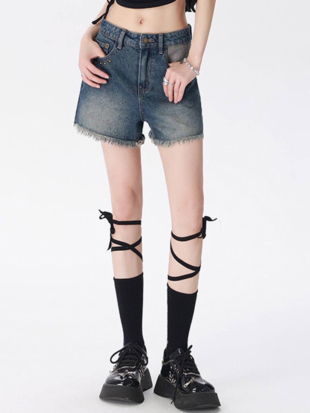 

LULU & SKY Women Loose Fit Low-Rise Denim Shorts, Blue