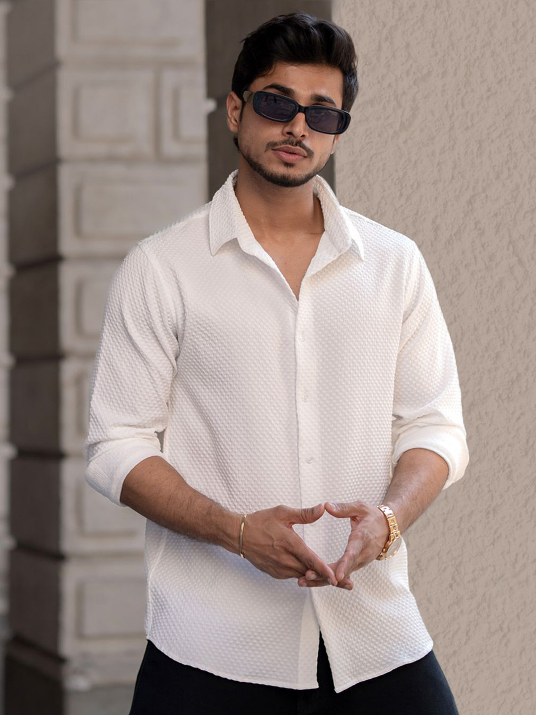 

Powerlook Men Spread Collar Textured Casual Shirt, White