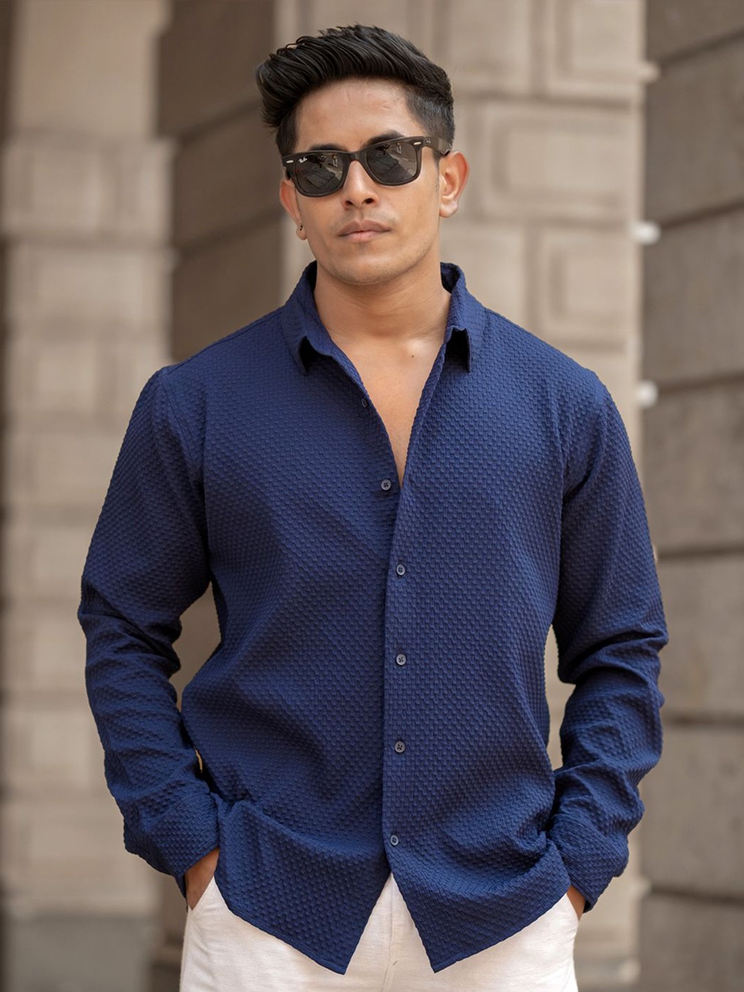 

Powerlook Men Spread Collar Solid Casual Shirt, Navy blue