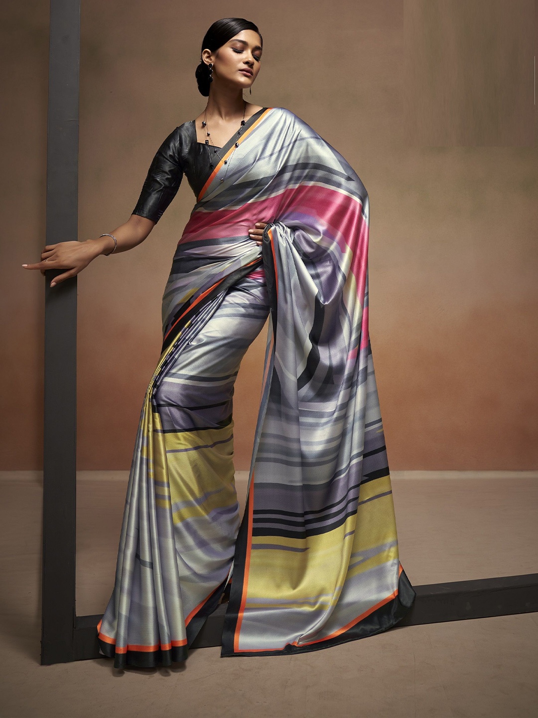 

MAHALASA Striped Printed Satin Saree, Grey