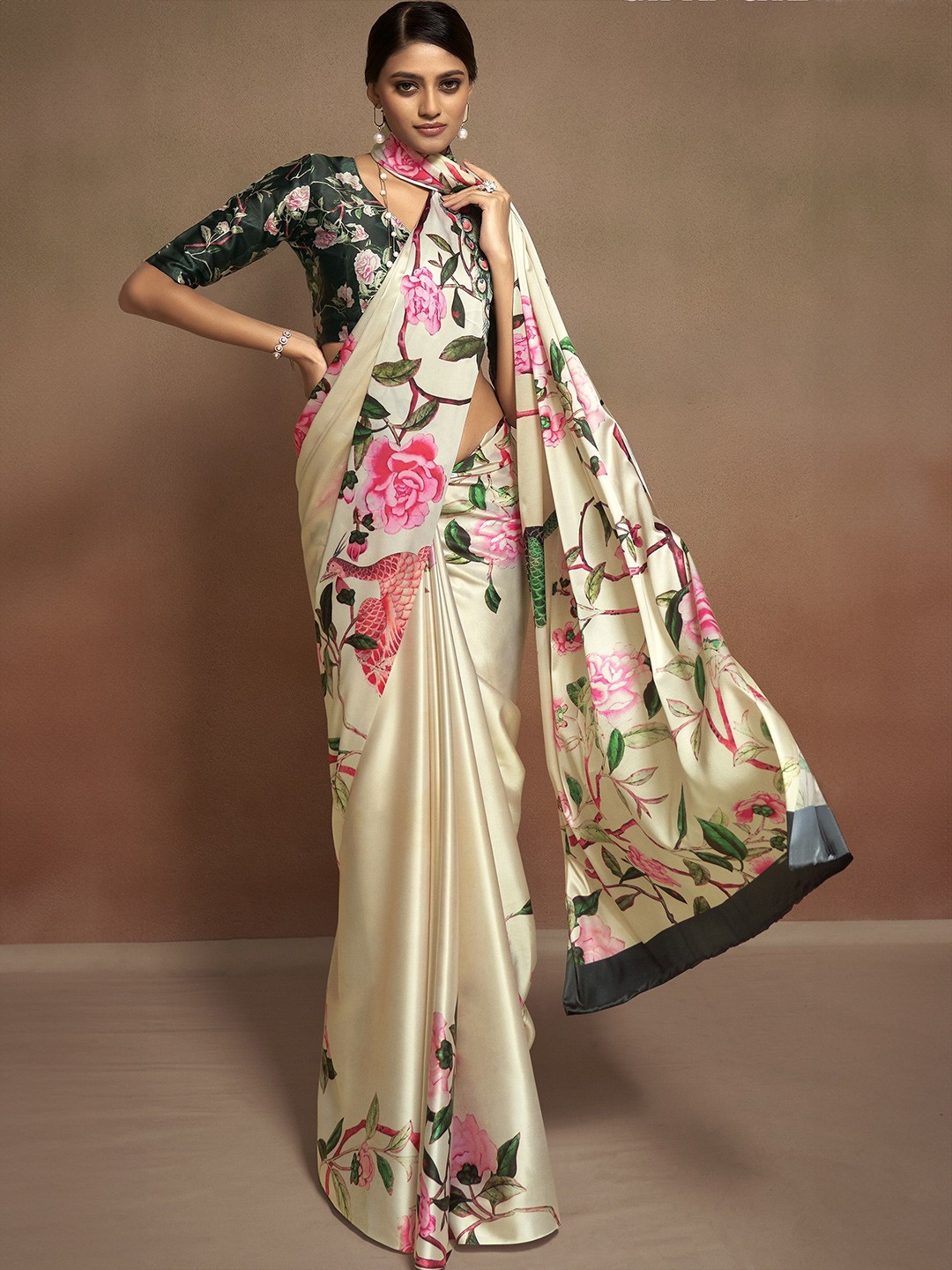 

MAHALASA Floral Digital Printed Satin Saree, Beige