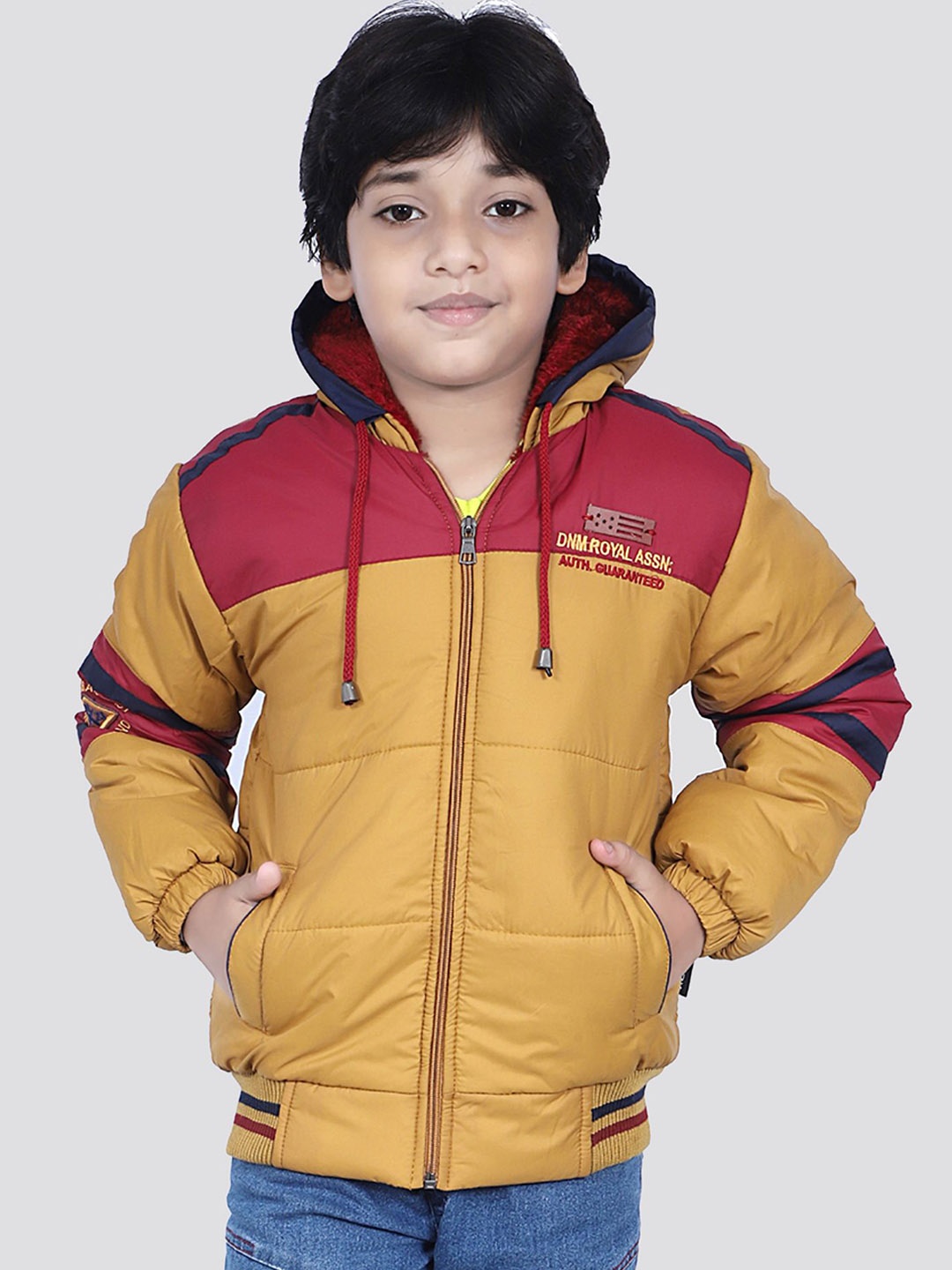 

KUNDAN Boys Hooded Colourblocked Casual Padded Jacket, Mustard