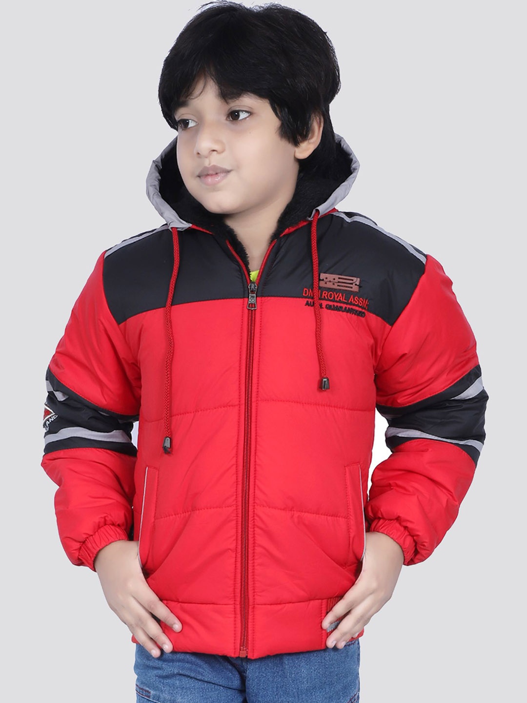 

KUNDAN Boys Hooded Colourblocked Casual Puffer Jacket, Red