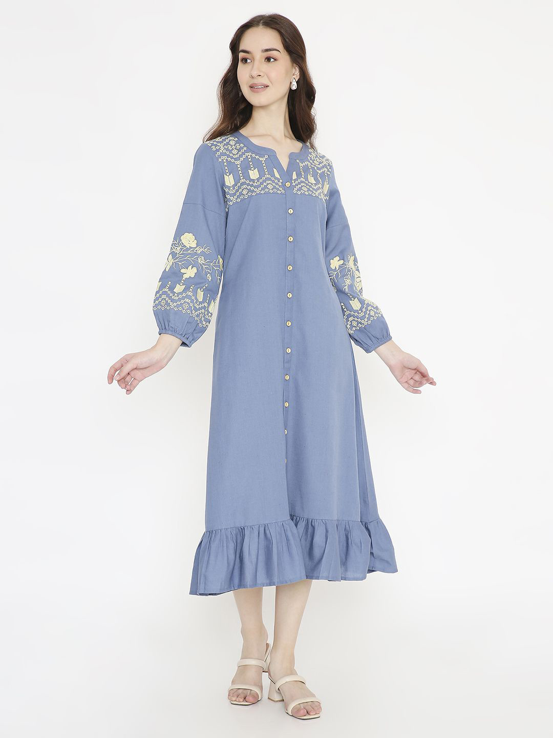 

Saffron Threads Women Embroidered Puff Sleeve A-Line Midi Dress, Blue