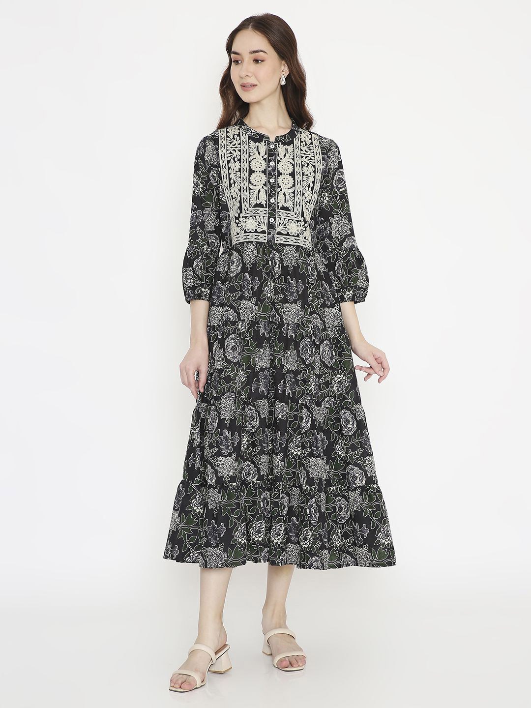 

Saffron Threads Women Floral Printed Cotton A-Line Midi Dress, Black